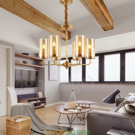Lampadario a sospensione in ottone rustico retrò a 6 luci con paralume in vetro Lampadario a sospensione in ottone rustico retrò a 6 luci con paralume in vetro