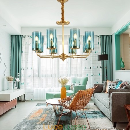 Lampadario a sospensione in ottone rustico retrò da 8 luci con paralume in vetro Lampadario a sospensione in ottone rustico retrò da 8 luci con paralume in vetro