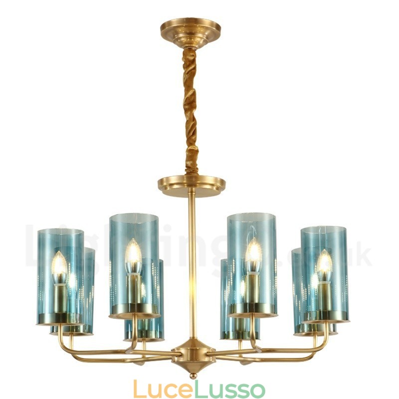 Lampadario a sospensione in ottone rustico retrò da 8 luci con paralume in vetro