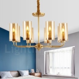 Lampadario a sospensione rustico retrò in ottone di lusso a 8 luci con paralume in vetro