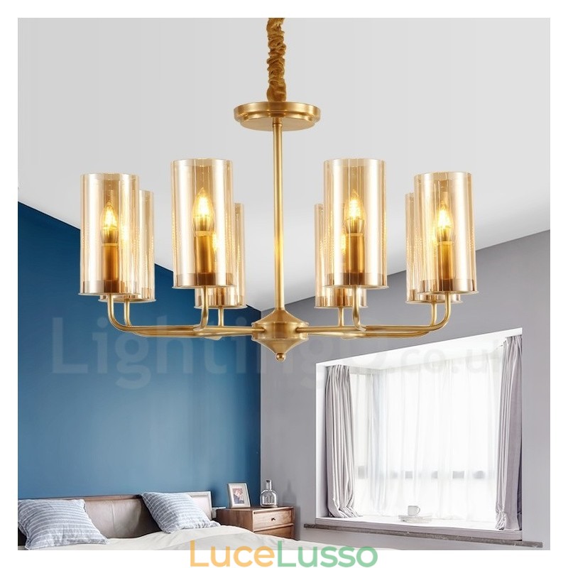 Lampadario a sospensione rustico retrò in ottone di lusso a 8 luci con paralume in vetro