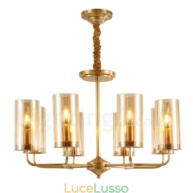 Lampadario a sospensione rustico retrò in ottone di lusso a 8 luci con paralume in vetro