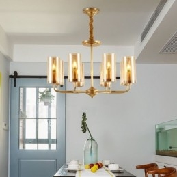 Lampadario a sospensione rustico retrò in ottone di lusso a 8 luci con paralume in vetro