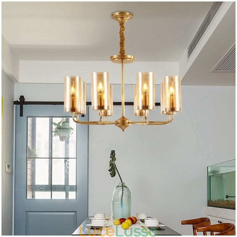 Lampadario a sospensione rustico retrò in ottone di lusso a 8 luci con paralume in vetro
