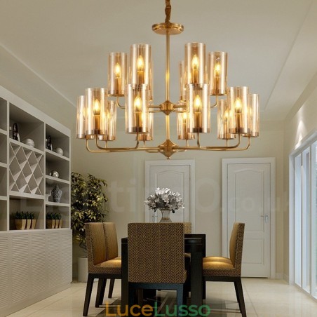 Lampadario a sospensione in ottone rustico retrò da 16 luci con paralume in vetro Lampadario a sospensione in ottone rustico retrò da 16 luci con paralume in vetro