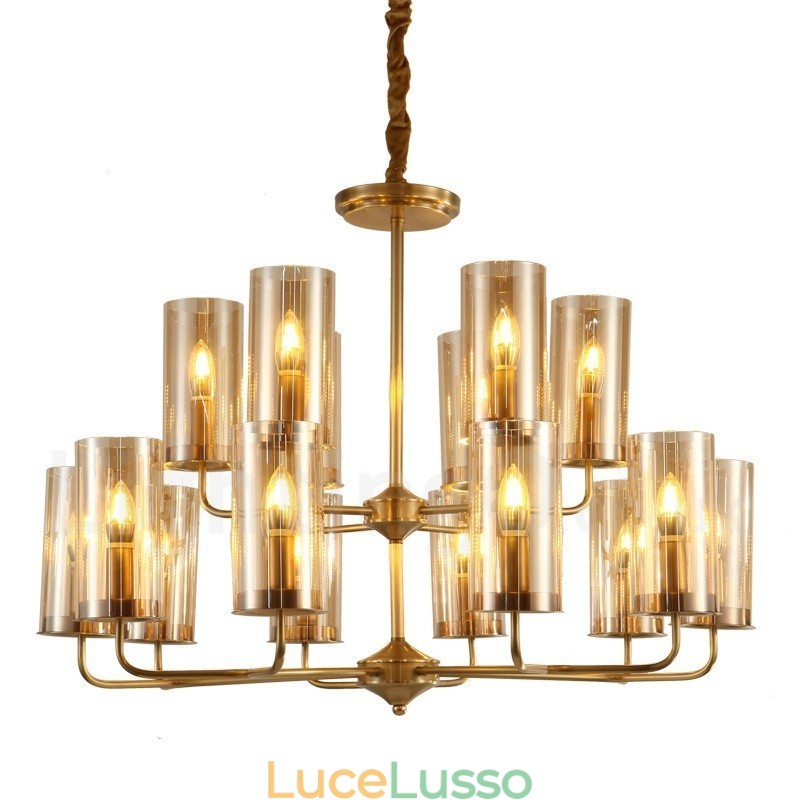 Lampadario a sospensione in ottone rustico retrò da 16 luci con paralume in vetro