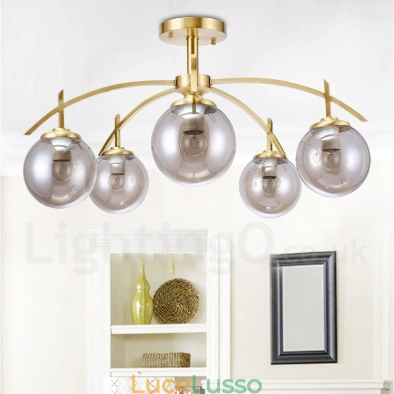 Lampadario a sospensione in ottone rustico retrò da 8 luci con paralume in vetro
