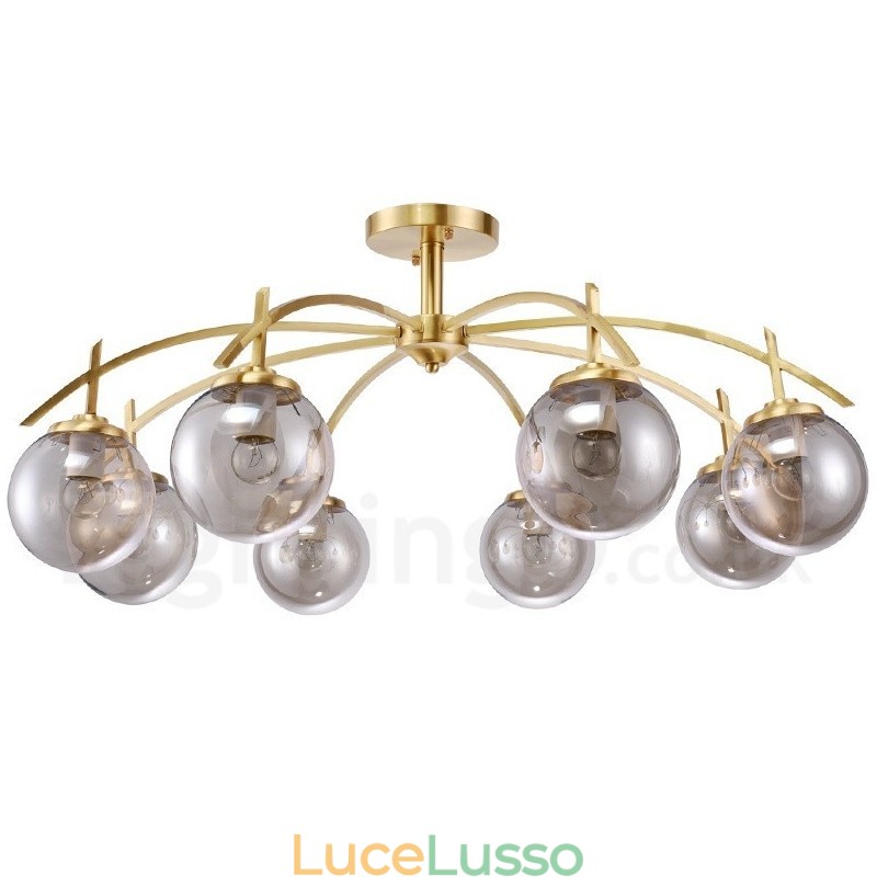 Lampadario a sospensione in ottone rustico retrò da 8 luci con paralume in vetro