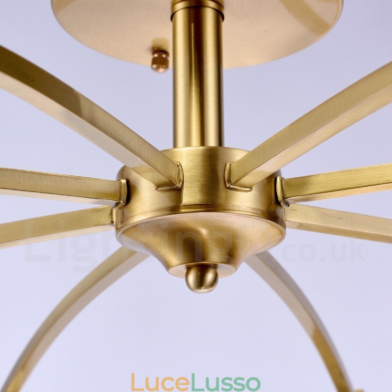 Lampadario a sospensione in ottone rustico retrò da 8 luci con paralume in vetro