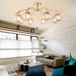 Lampadario a sospensione in ottone rustico retrò da 8 luci con paralume in vetro