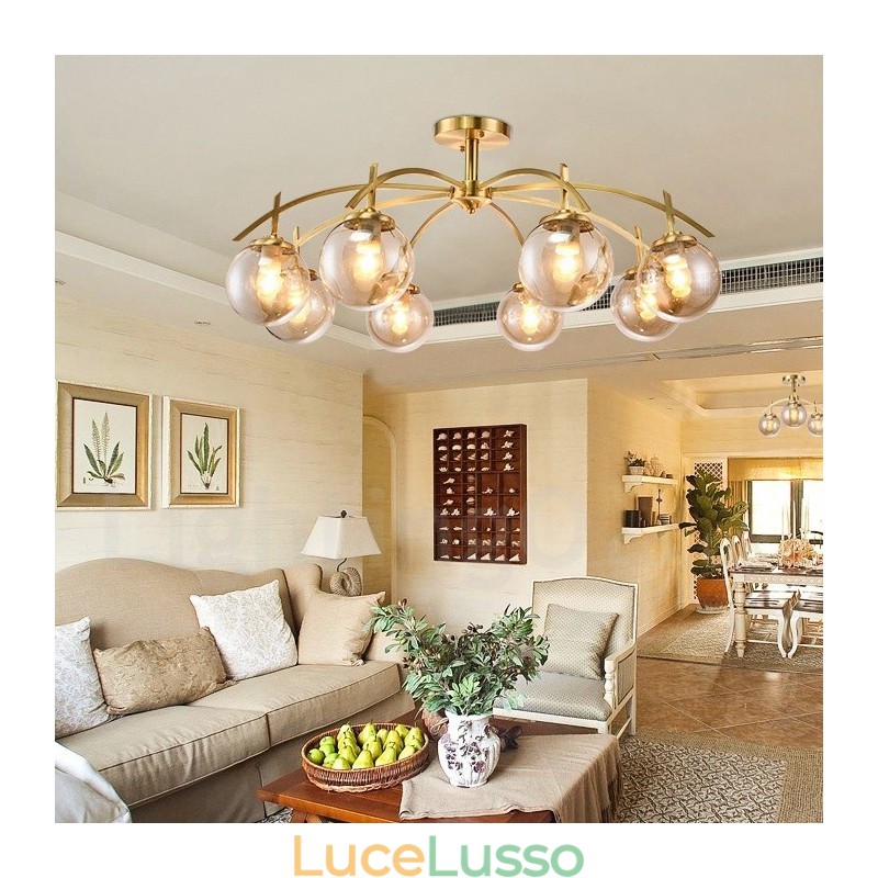 Lampadario a sospensione in ottone rustico retrò da 8 luci con paralume in vetro