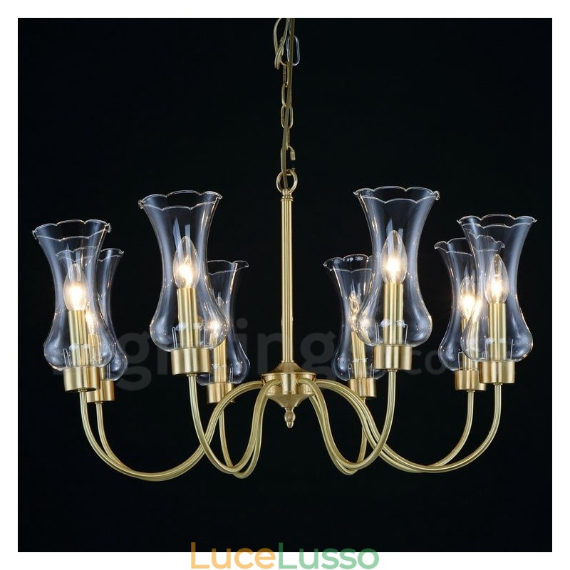 Lampadario a sospensione rustico retrò in ottone di lusso a 8 luci con paralume in vetro