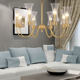 Lampadario a sospensione rustico retrò in ottone di lusso a 8 luci con paralume in vetro