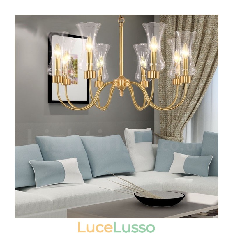 Lampadario a sospensione rustico retrò in ottone di lusso a 8 luci con paralume in vetro