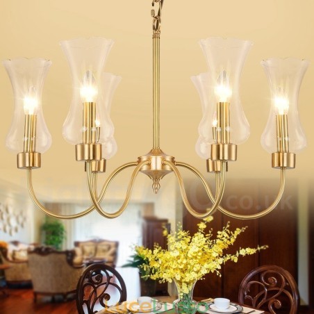 Lampadario a sospensione in ottone rustico retrò a 6 luci con paralume in vetro Lampadario a sospensione in ottone rustico retrò a 6 luci con paralume in vetro