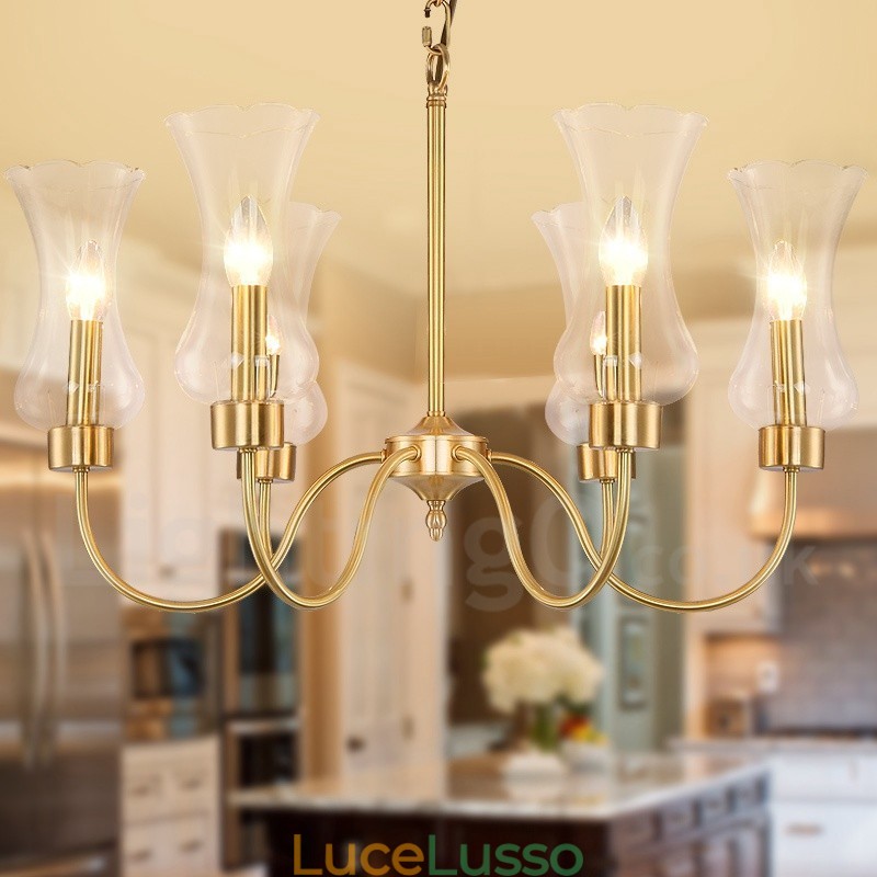 Lampadario a sospensione in ottone rustico retrò a 6 luci con paralume in vetro
