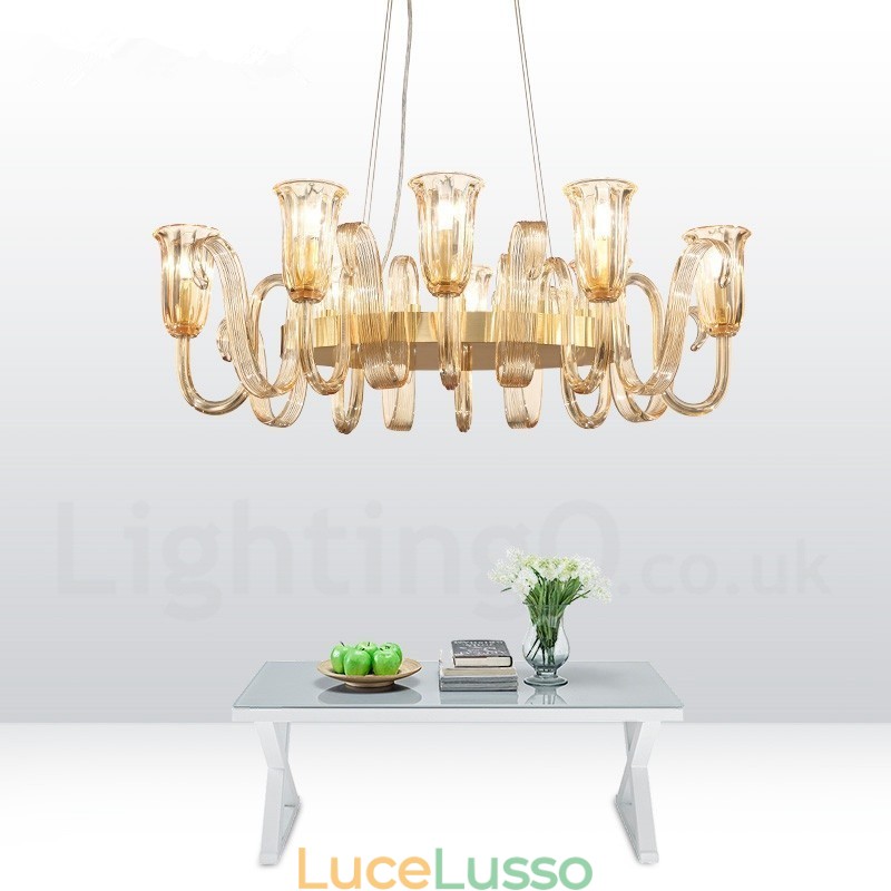 Lampadario a sospensione in lega di alluminio rustico retrò da 8 luci con paralume in vetro