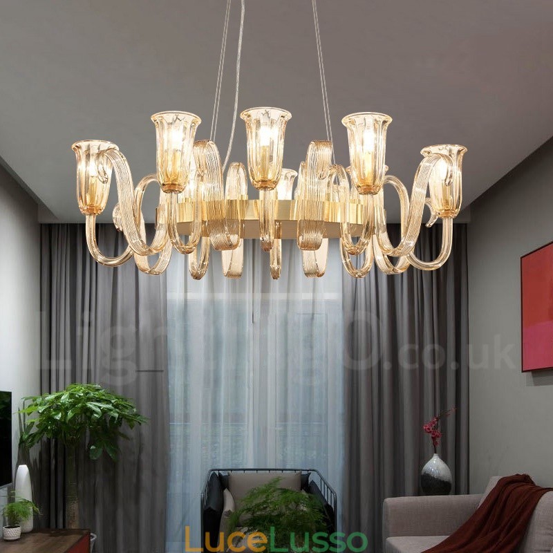Lampadario a sospensione in lega di alluminio rustico retrò da 8 luci con paralume in vetro
