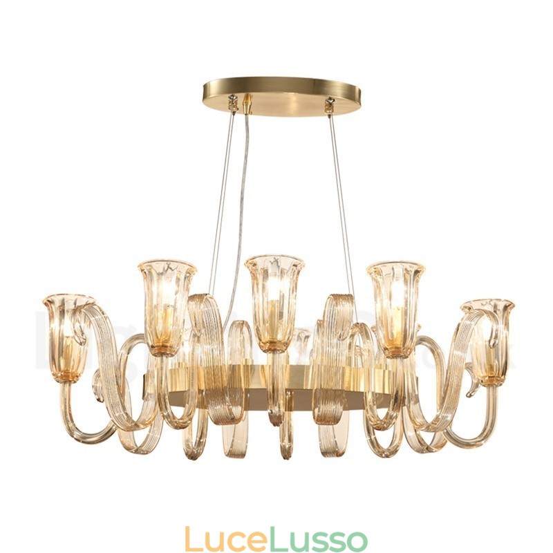 Lampadario a sospensione in lega di alluminio rustico retrò da 8 luci con paralume in vetro
