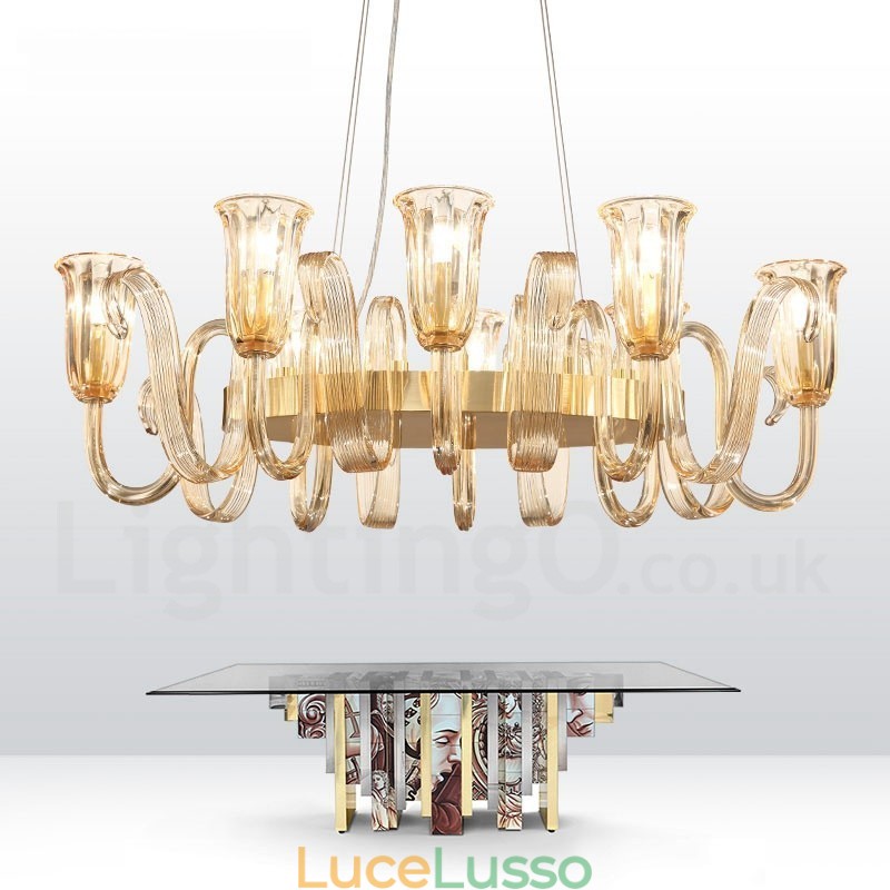 Lampadario a sospensione in lega di alluminio rustico retrò da 8 luci con paralume in vetro