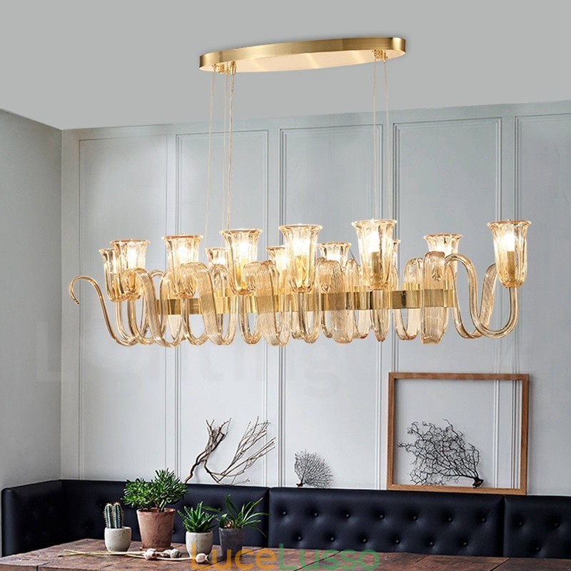 Lampadario a sospensione in lega di alluminio retrò rustico da 12 luci con paralume in vetro