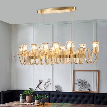 Lampadario a sospensione in lega di alluminio retrò rustico da 12 luci con paralume in vetro