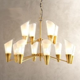 Lampadario a sospensione in ottone rustico retrò da 12 luci con paralume in vetro