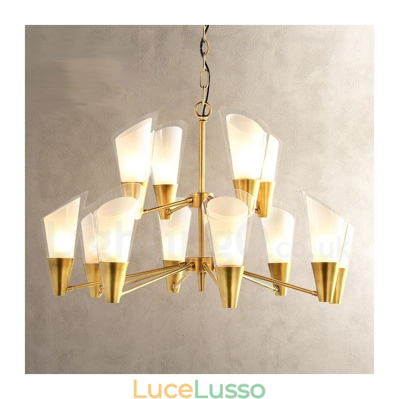 Lampadario a sospensione in ottone rustico retrò da 12 luci con paralume in vetro