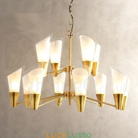 Lampadario a sospensione in ottone rustico retrò da 12 luci con paralume in vetro Lampadario a sospensione in ottone rustico retrò da 12 luci con paralume in vetro