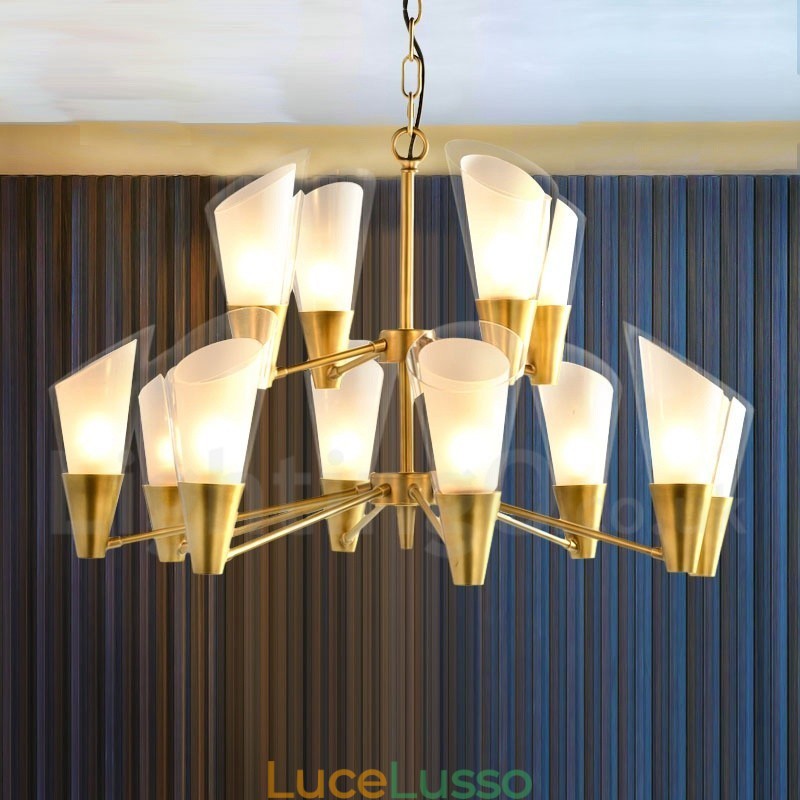 Lampadario a sospensione in ottone rustico retrò da 12 luci con paralume in vetro