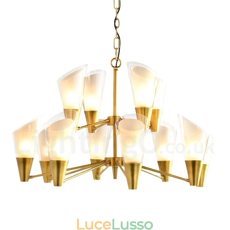Lampadario a sospensione in ottone rustico retrò da 12 luci con paralume in vetro