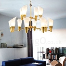 Lampadario a sospensione in ottone rustico retrò da 12 luci con paralume in vetro