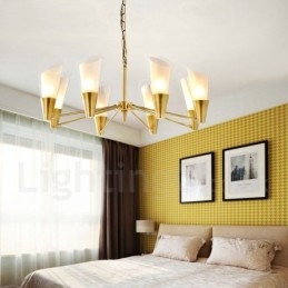Lampadario a sospensione rustico retrò in ottone di lusso a 8 luci con paralume in vetro