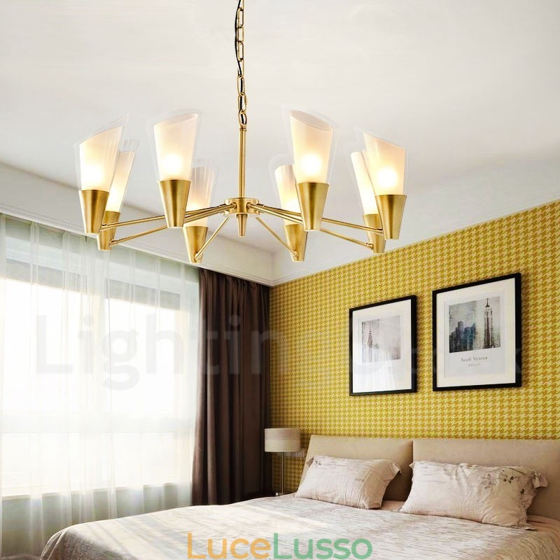 Lampadario a sospensione rustico retrò in ottone di lusso a 8 luci con paralume in vetro