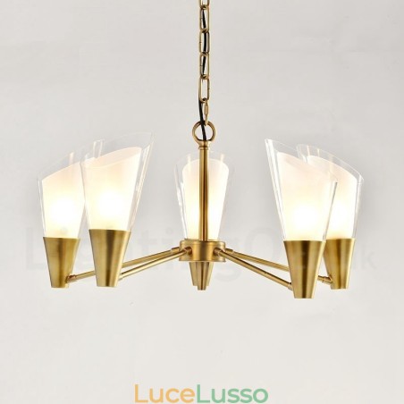 Lampadario a sospensione in ottone rustico retrò a 5 luci con paralume in vetro Lampadario a sospensione in ottone rustico retrò a 5 luci con paralume in vetro