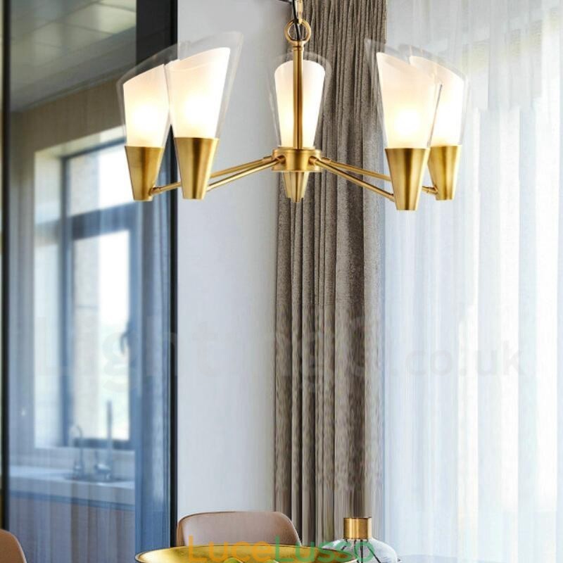 Lampadario a sospensione in ottone rustico retrò a 5 luci con paralume in vetro