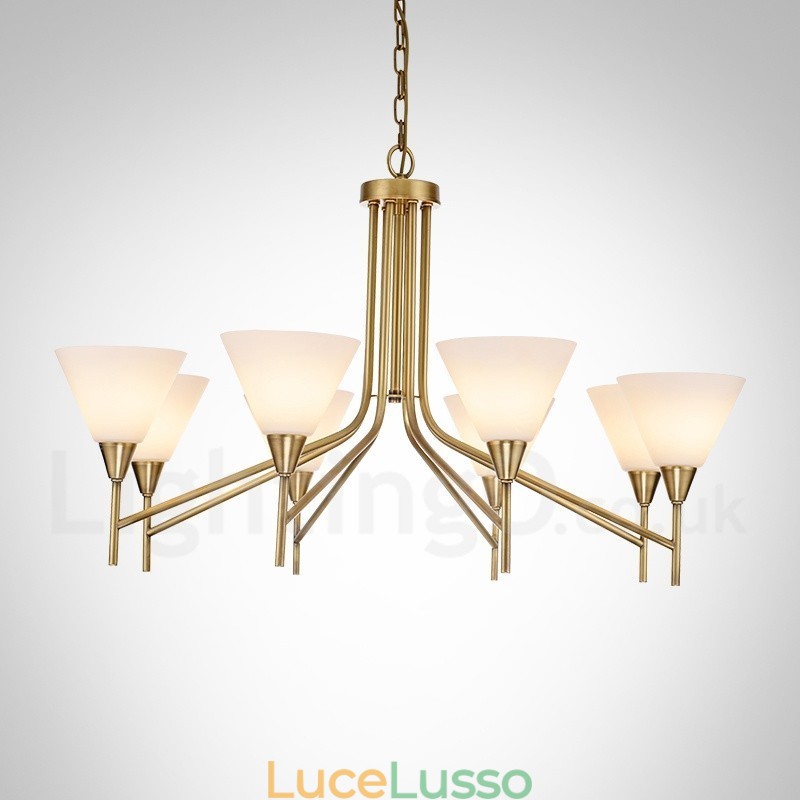 Lampadario a sospensione rustico retrò in ottone di lusso a 8 luci con paralume in vetro