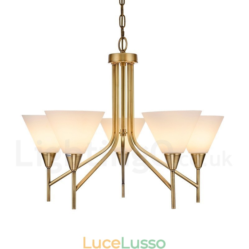 Lampadario a sospensione in ottone rustico retrò a 5 luci con paralume in vetro