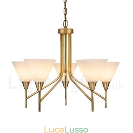 Lampadario a sospensione in ottone rustico retrò a 5 luci con paralume in vetro Lampadario a sospensione in ottone rustico retrò a 5 luci con paralume in vetro