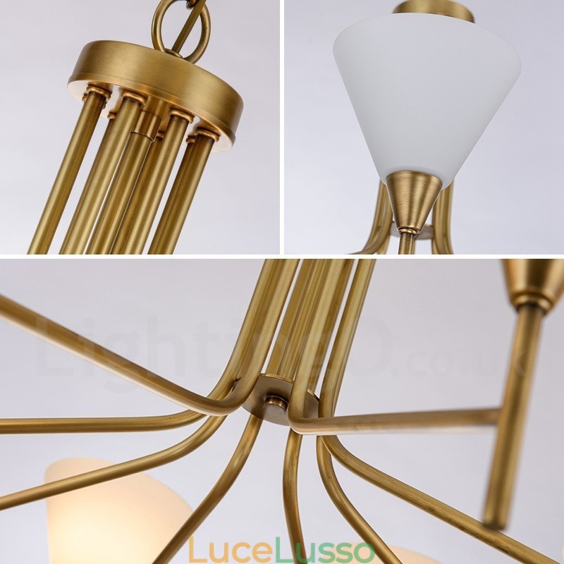 Lampadario a sospensione in ottone rustico retrò a 5 luci con paralume in vetro