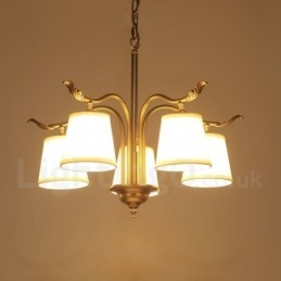 Lampadario a sospensione in ottone rustico retrò a 5 luci con paralume in tessuto
