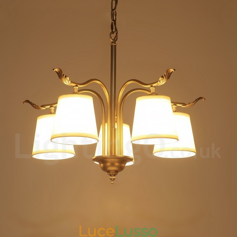 Lampadario a sospensione in ottone rustico retrò a 5 luci con paralume in tessuto