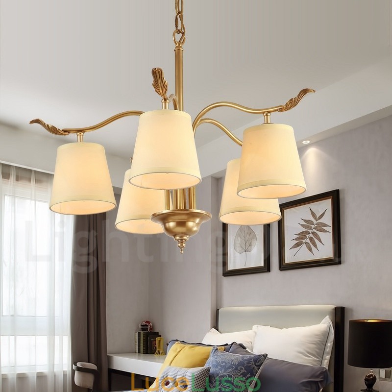 Lampadario a sospensione in ottone rustico retrò a 5 luci con paralume in tessuto