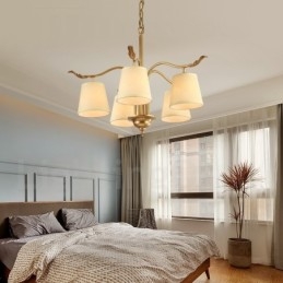 Lampadario a sospensione in ottone rustico retrò a 5 luci con paralume in tessuto