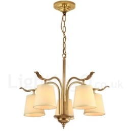 Lampadario a sospensione in ottone rustico retrò a 5 luci con paralume in tessuto