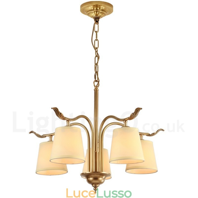 Lampadario a sospensione in ottone rustico retrò a 5 luci con paralume in tessuto