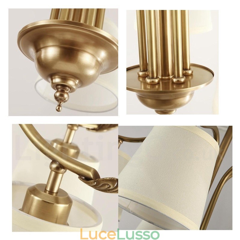 Lampadario a sospensione in ottone rustico retrò a 5 luci con paralume in tessuto