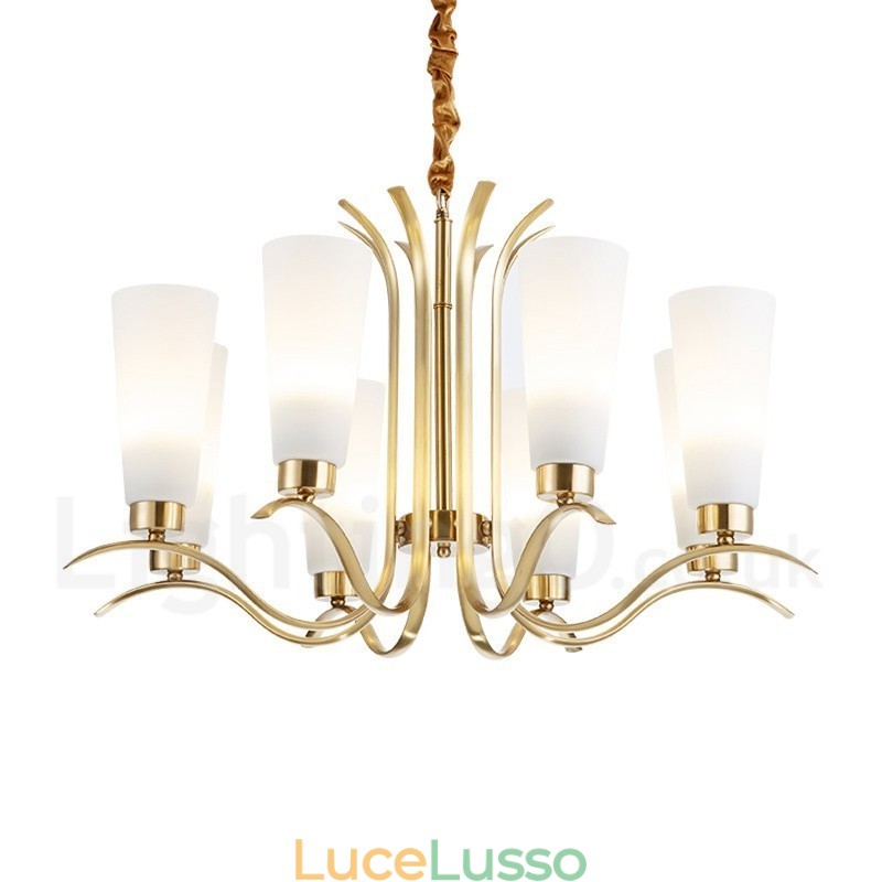 Lampadario a sospensione in ottone rustico retrò da 8 luci con paralume in vetro