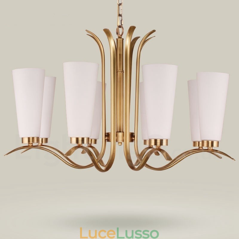 Lampadario a sospensione in ottone rustico retrò da 8 luci con paralume in vetro