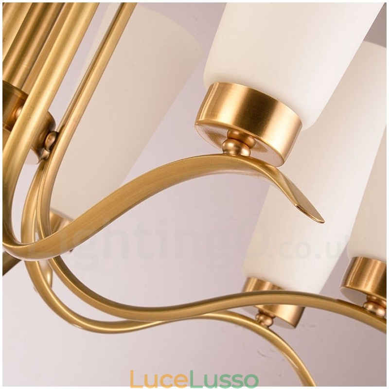 Lampadario a sospensione in ottone rustico retrò da 8 luci con paralume in vetro